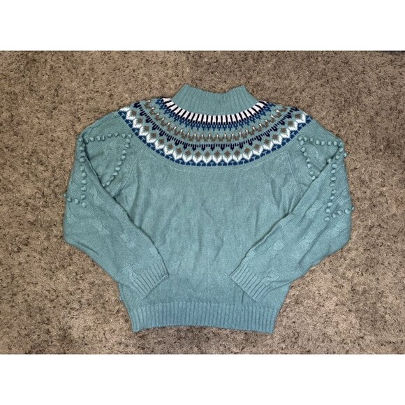 Vintage Fair Isle Green Sweater Pompom Cozy Cabin Cottagecore Fall Autumn S - Picture 2 of 7